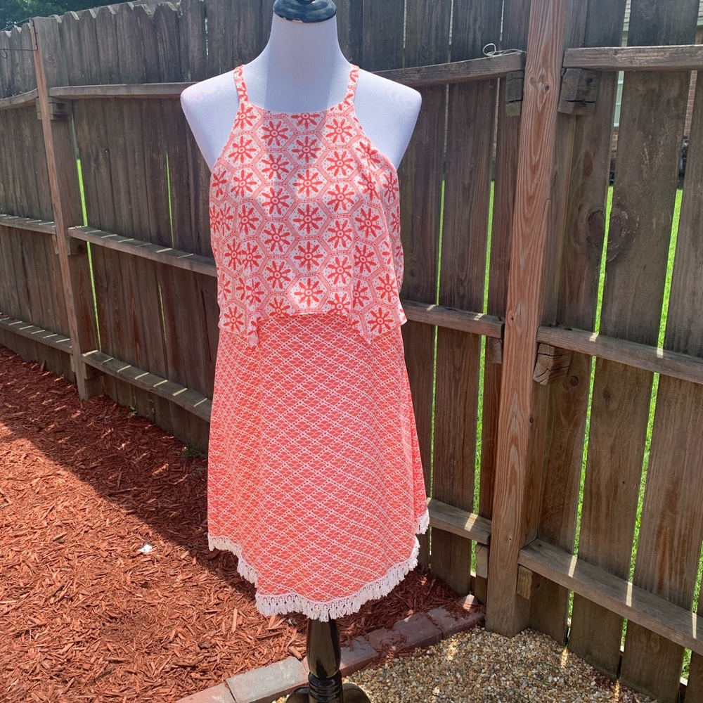 My Michelle coral dress with fringe around hem